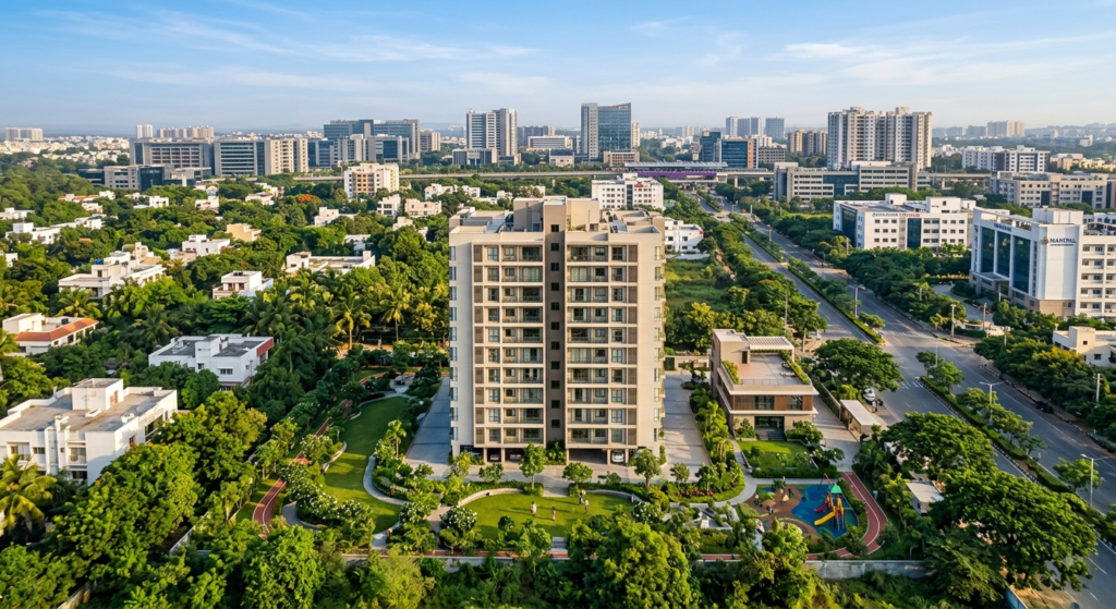 Modern low-density luxury residential apartment building in Kannamangala Whitefield Bengaluru with lush green landscaped gardens and nearby tech park skyline